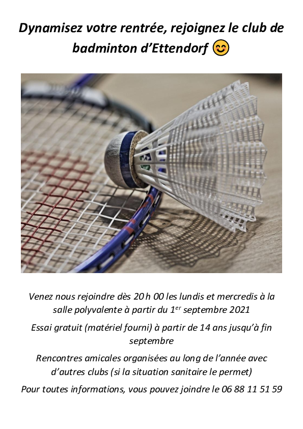 Rejoignez le club de badminton d'Ettendorf à la rentrée